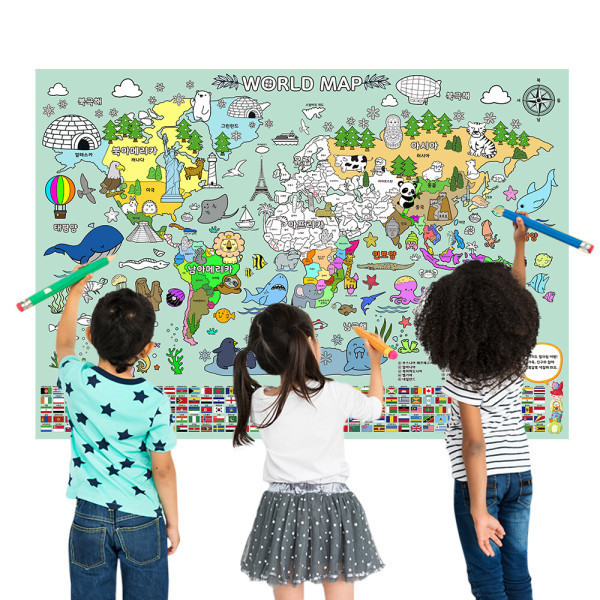 한글 세계지도 컬러링 + 8종 스티커 세트 - 205개 세계국기/141개 나라표기 색칠공부 미술놀이 테라피