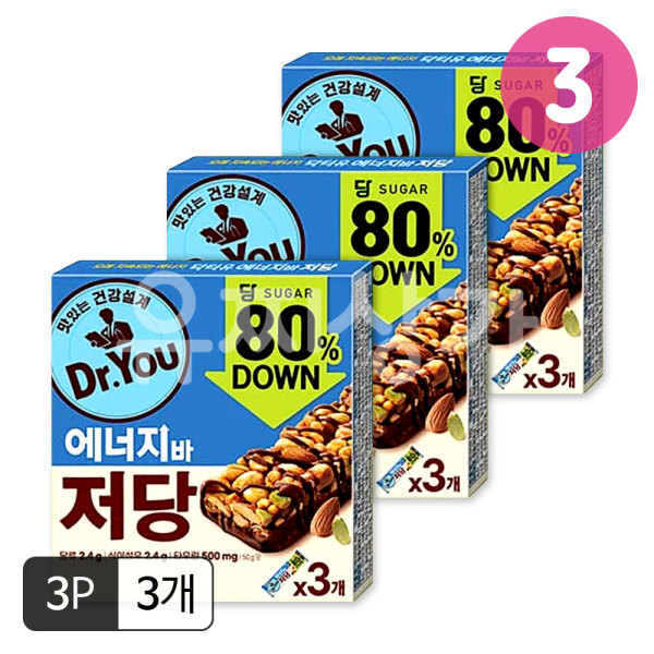오리온 닥터유 에너지바 저당 50g 3개입(50gx3p)x3개/저당간식 단백질간식 회사간식 단백질바